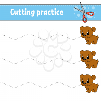 Cutting practice for kids. Animal bear. Education developing worksheet. Activity page. Color game for children. Isolated vector illustration. Cartoon character.