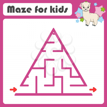 Square maze. Game for kids. Animal alpaca. Puzzle for children. Cartoon style. Labyrinth conundrum. Color vector illustration. Find the right path. The development of logical and spatial thinking.