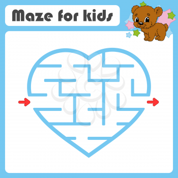 Square maze. Game for kids. Animal bear. Puzzle for children. Cartoon style. Labyrinth conundrum. Color vector illustration. Find the right path. The development of logical and spatial thinking.