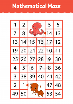 Mathematical rectangle maze. Octopus and ant. Game for kids. Number labyrinth. Education worksheet. Activity page. Riddle for children. Cartoon characters.
