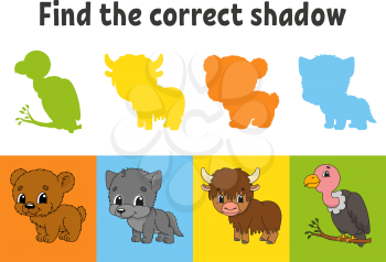 Find the correct shadow. Education worksheet. Matching game for kids. Bear, wolf, yak, vulture. Color activity page. Puzzle for children. Cartoon character. Isolated vector illustration.