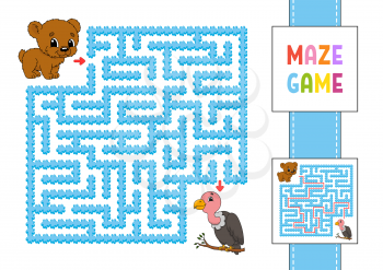 Funny square maze. Game for kids. Bear and vulture. Puzzle for children. Labyrinth conundrum with character. Color vector illustration. Find the right path. With answer.