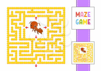 Funny square maze. Game for kids. Insect ant. Puzzle for children. Labyrinth conundrum with character. Color vector illustration. Find the right path. With answer.