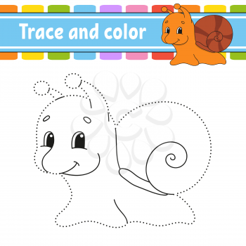 Trace and color. Snail mollusk. Coloring page for kids. Handwriting practice. Education developing worksheet. Activity page. Game for toddlers. Isolated vector illustration. Cartoon style.