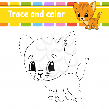 Trace and color. Cat animal. Coloring page for kids. Handwriting practice. Education developing worksheet. Activity page. Game for toddlers. Isolated vector illustration. Cartoon style.