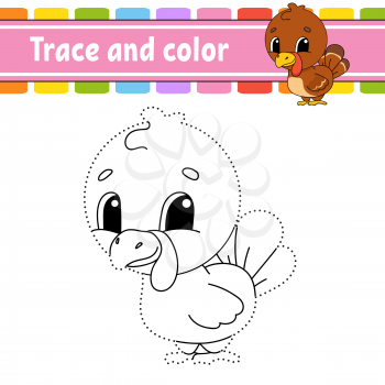 Trace and color. Turkey bird. Coloring page for kids. Handwriting practice. Education developing worksheet. Activity page. Game for toddlers. Isolated vector illustration. Cartoon style.
