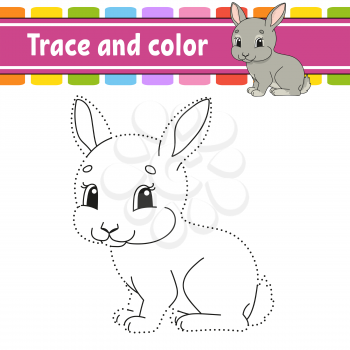 Trace and color. Rabbit bunny animal. Coloring page for kids. Handwriting practice. Education developing worksheet. Activity page. Game for toddlers. Isolated vector illustration. Cartoon style.