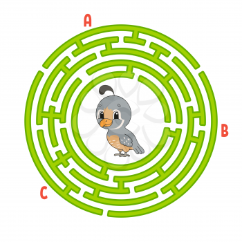 Circle maze. Game for kids. Puzzle for children. Round labyrinth conundrum. Quail bird. Color vector illustration. Find the right path. Education worksheet.