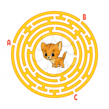 Circle maze. Cat animal. Game for kids. Puzzle for children. Round labyrinth conundrum. Color vector illustration. Find the right path. Education worksheet.