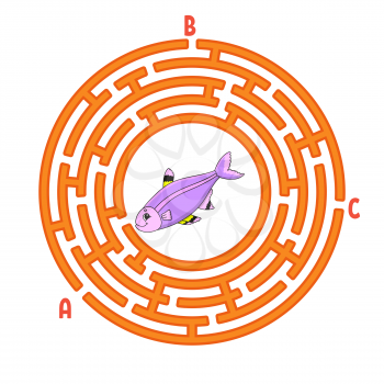 Circle maze. Game for kids. Fish. Puzzle for children. Round labyrinth conundrum. Color vector illustration. Find the right path. Education worksheet.