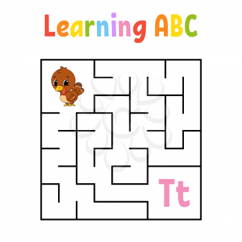 Square maze. Game for kids. Turkey bird. Quadrate labyrinth. Education worksheet. Activity page. Learning English alphabet. Cartoon style. Find the right way. Color vector illustration.
