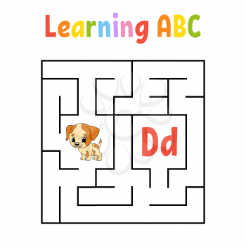Square maze. Dog animal. Game for kids. Quadrate labyrinth. Education worksheet. Activity page. Learning English alphabet. Cartoon style. Find the right way. Color vector illustration.