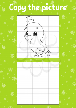 Copy the picture. Coloring book pages for kids. Education developing worksheet. Quail bird. Game for children. Handwriting practice. Funny character. Cartoon vector illustration.
