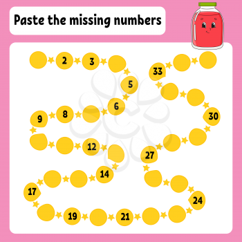 Paste the missing numbers. Handwriting practice. Learning numbers for kids. Glass jar. Education developing worksheet. Color activity page. Isolated vector illustration in cartoon style.