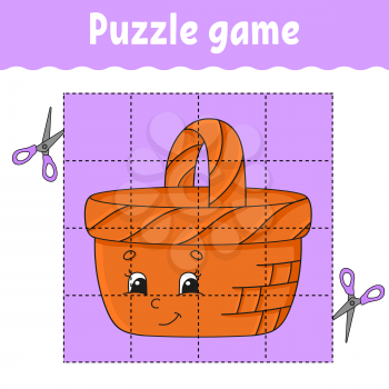 Puzzle game for kids. Education developing worksheet. Learning game for children. Wood basket. Color activity page. For toddler. Riddle for preschool. Isolated vector illustration in cartoon style.