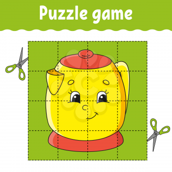 Puzzle game for kids. Education developing worksheet. Learning game for children. Kitchen kettle. Color activity page. For toddler. Riddle for preschool. Isolated vector illustration in cartoon style.