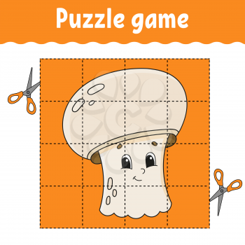 Puzzle game for kids. Education developing worksheet. Learning game for children. Color activity page. For toddler. Mushroom champignon. Isolated vector illustration in cartoon style.