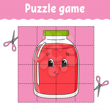 Puzzle game for kids. Education developing worksheet. Learning game for children. Glass jar. Color activity page. For toddler. Riddle for preschool. Isolated vector illustration in cartoon style.