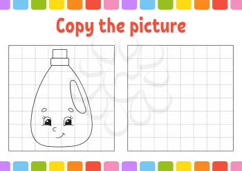 Copy the picture. Coloring book pages for kids. Education developing worksheet. Wash detergent. Handwriting practice. Funny character. Cute cartoon vector illustration.