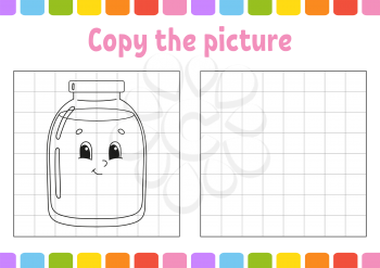Copy the picture. Coloring book pages for kids. Education developing worksheet. Glass jar. Game for children. Handwriting practice. Funny character. Cute cartoon vector illustration.
