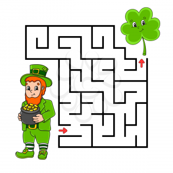 Square maze. Game for kids. Leprechaun and clover. Puzzle for children. Labyrinth conundrum. Color vector illustration. Isolated vector illustration. Cartoon character.