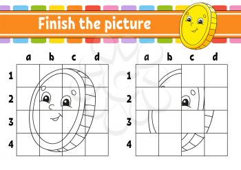 Finish the picture. Gold coin. Coloring book pages for kids. Education developing worksheet. Game for children. Handwriting practice. Cartoon character. Vector illustration.