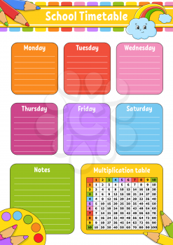 School timetable with multiplication table. For the education of children. Isolated on a white background. With a cute cartoon character.