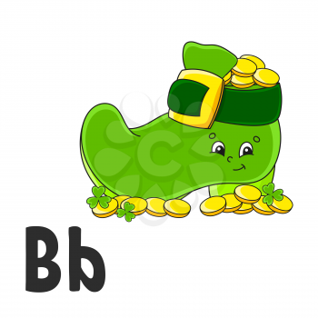 Alphabet letter B. Leprechaun boot with coins. ABC flash cards. Cartoon cute character isolated on white background. For kids education. Developing worksheet. Learning letters. Vector illustration.