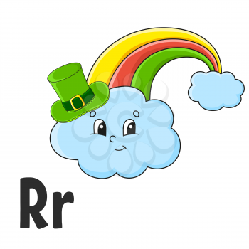 Alphabet letter R. Rainbow in hat. ABC flash cards. Cartoon cute character isolated on white background. For kids education. Developing worksheet. Learning letters. Vector illustration.
