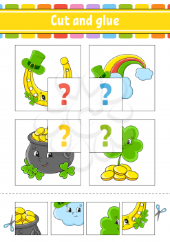 Cut and glue. Set flash cards. St. Patrick's day. Education worksheet. Horseshoe, rainbow, pot, clover. Activity page. Game for children. Cartoon character. Isolated vector illustration.