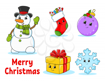 Set of christmas cute cartoon characters. Snowman, sock, bauble, gift, snowflake. Happy New Year. Hand drawn elements. Winter stickers. Color vector illustration isolated on white background.