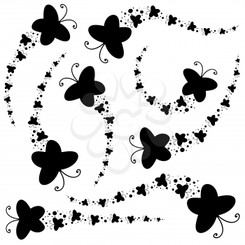 Set of black silhouettes. A flock of abstract cartoon butterflies flying one after another.