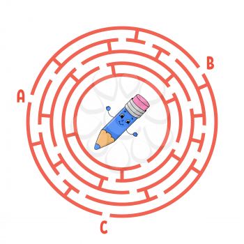 Circle maze. Game for kids. Puzzle for children. Round labyrinth conundrum. Color vector illustration. Find the right path. The development of logical and spatial thinking. Education worksheet.