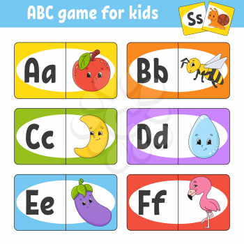 Set ABC flash cards. Alphabet for kids. Learning letters. Education developing worksheet. Activity page for study English. Game for children. Funny character. Vector illustration. Cartoon style.