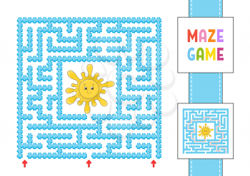 Funny square maze. Game for kids. Puzzle for children. Cartoon style. Labyrinth conundrum with character. Color vector illustration. Find the right path. With answer.