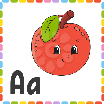 Funny alphabet. ABC square flash cards. Cartoon cute character isolated on white background. For kids education. Developing worksheet. Learning letters. Color vector illustration.