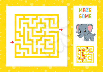 Funny maze. Game for kids. Puzzle for children. Happy character. Labyrinth conundrum. Color vector illustration. Find the right path. With answer. Isolated vector illustration. Cartoon style.