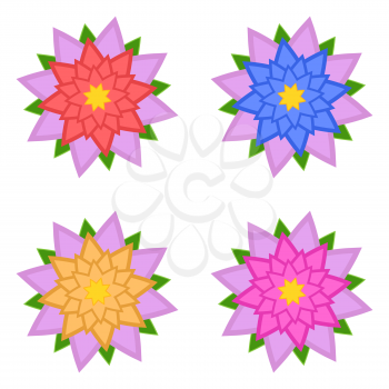 Set of red, blue, yellow, pink flowers with pink petals, isolated on white background. Four options. Suitable for design.