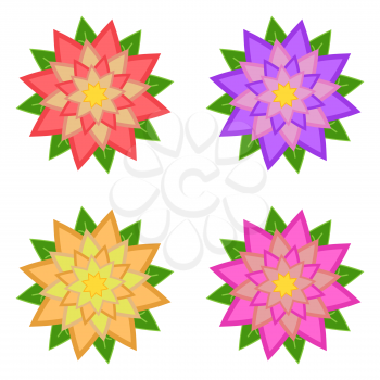 Set of red, purple, yellow, pink flowers with green leaves, isolated on white background. Four options. Suitable for design.
