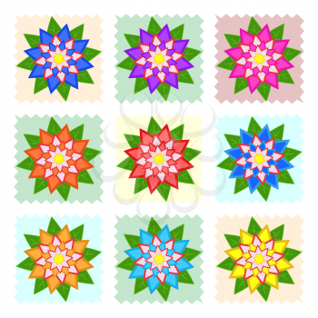 A set of beautiful colorful flowers on blue, yellow, green, orange squares. Isolated on white background. Nine options. Suitable for design.