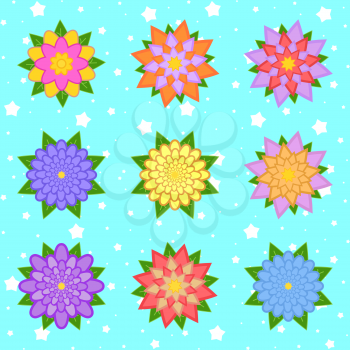 A set of beautiful colorful flowers on a blue starry background. Nine options. Suitable for design.