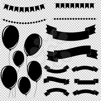 Set of flat black isolated silhouettes of balloons on ropes and garlands of flags. A set of banner ribbons of different shapes