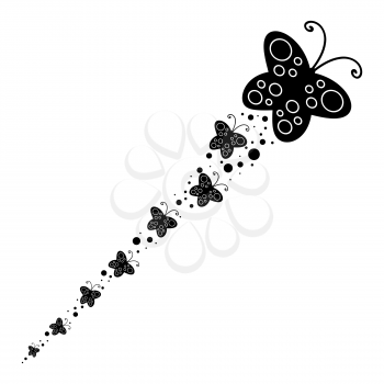 Black Silhouette of a large butterfly and flying after her little butterflies.