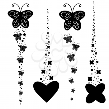 Set of black silhouettes. A flock of abstract cartoon butterflies flying one after another. Lovely Stars and Hearts.