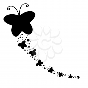 Black Silhouette of a large butterfly and flying after her little butterflies.