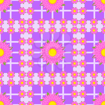 Seamless pattern of pink flowers with green leaves and ribbons on a violet abstract background