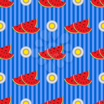 Seamless pattern of appetizing red watermelon slices and white flowers on a blue striped background