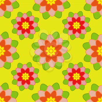 Seamless pattern of red and orange flowers with green leaves on a yellow background