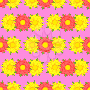 Seamless patterns of asters of yellow and red with green leaves on a pink background