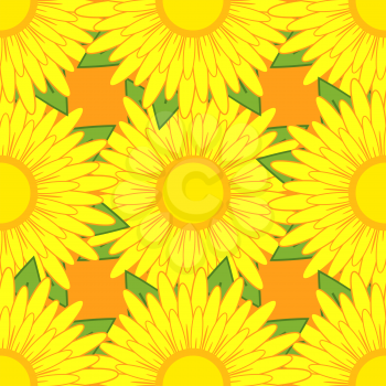 Seamless pattern of yellow flowers with green leaves on an orange background.